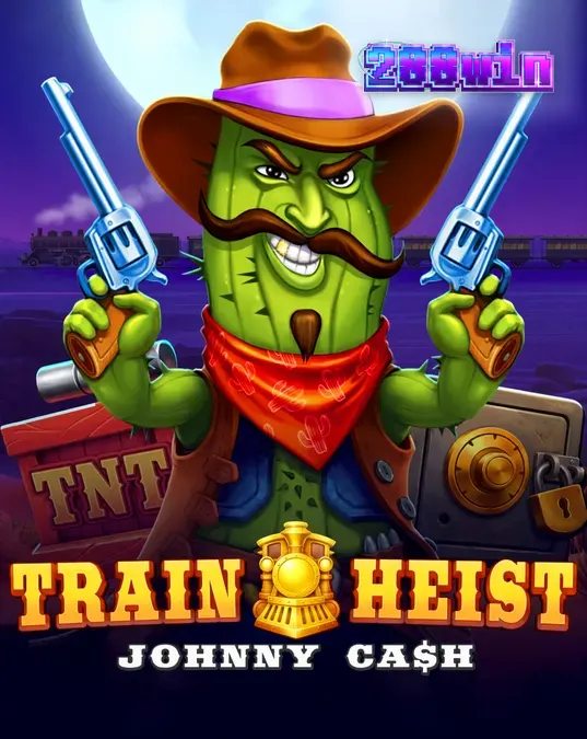Tampilan visual slot Train Heist Johnny Cash dengan latar belakang kereta api dan koboi kaktus.